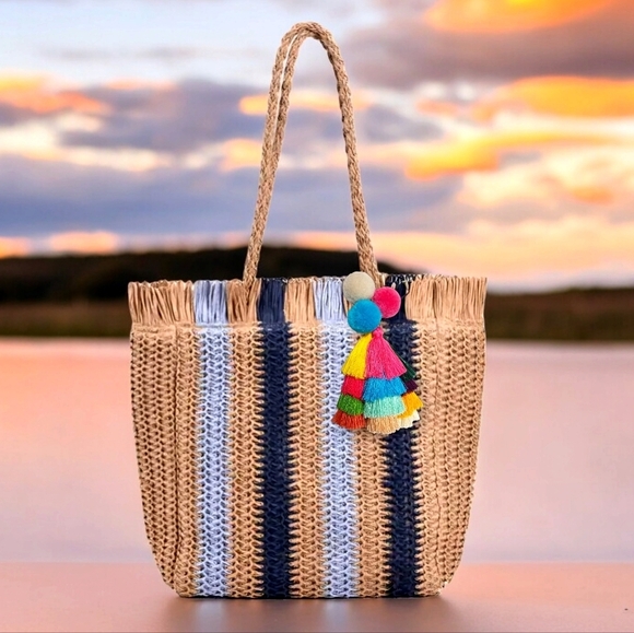 Boho Chic Beach Vibes Straw Woven Tote Bag with Vibrant Colorful Tassel Detail - Picture 4 of 10